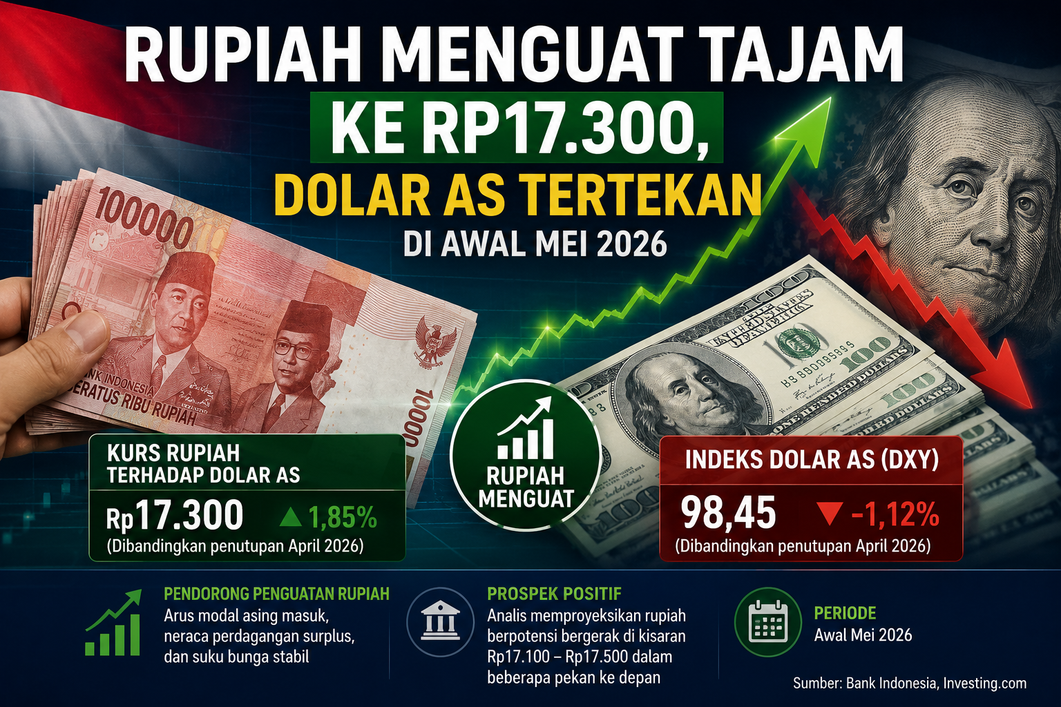 Rupiah Menguat Tajam ke Rp17.300, Dolar AS Tertekan di Awal Mei 2026
