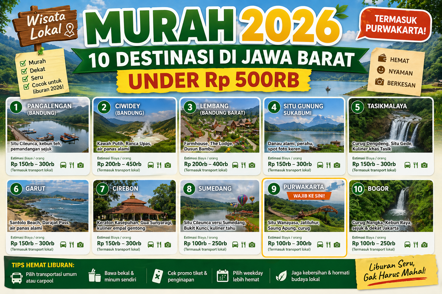Wisata Lokal Murah 2026: 10 Destinasi di Jawa Barat Under Rp 500rb (Termasuk Purwakarta!) — Lengkap dengan Rincian Budget